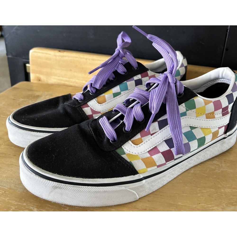 Vans Multicolor Checkered Athletic Shoes with Purple Laces